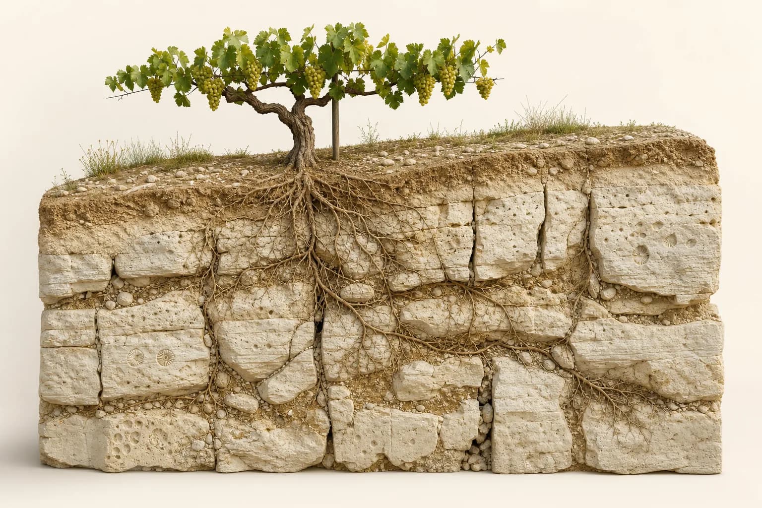 Three-dimensional cutaway showing Chardonnay roots following fissures and fine-earth seams through porous limestone