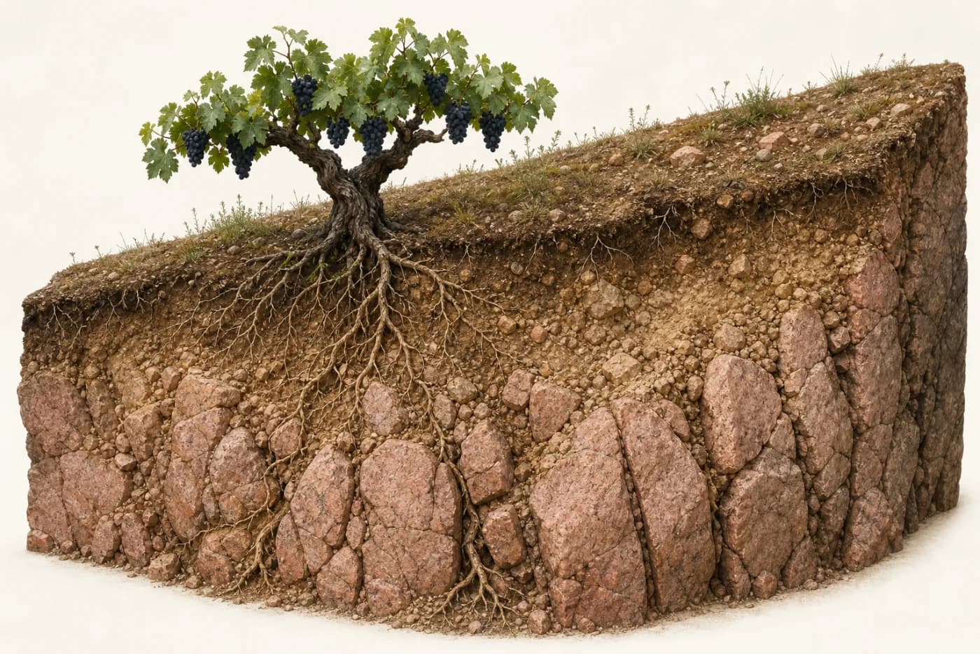 Three-dimensional cutaway of Gamay roots in weathered pink granite on a slope