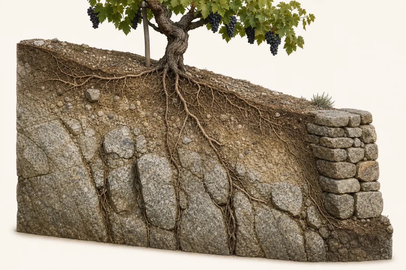 Three-dimensional cutaway of Syrah roots in weathered and fractured granite