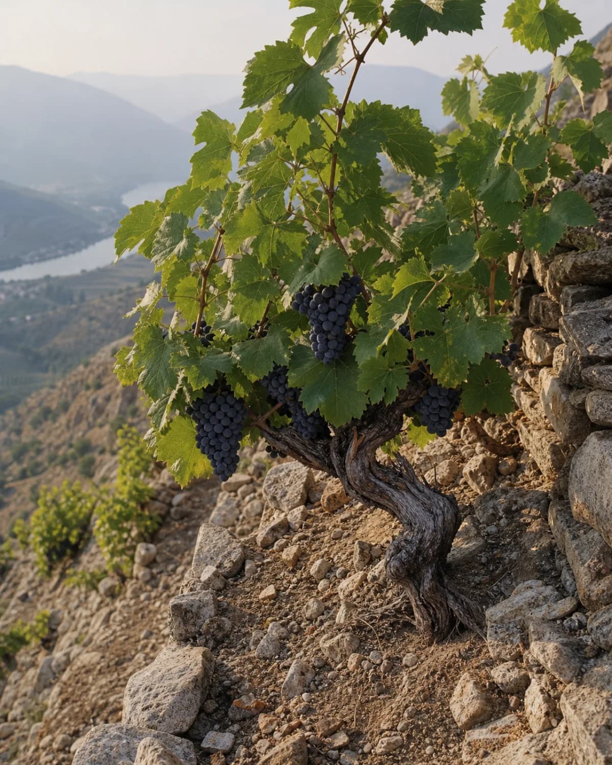 Illustrative Syrah vine on a steep weathered-granite terrace