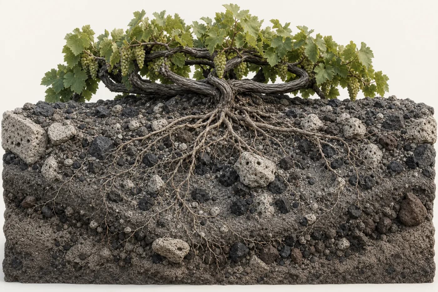 Three-dimensional cutaway of a basket-trained Assyrtiko vine in pumice, ash and volcanic sand