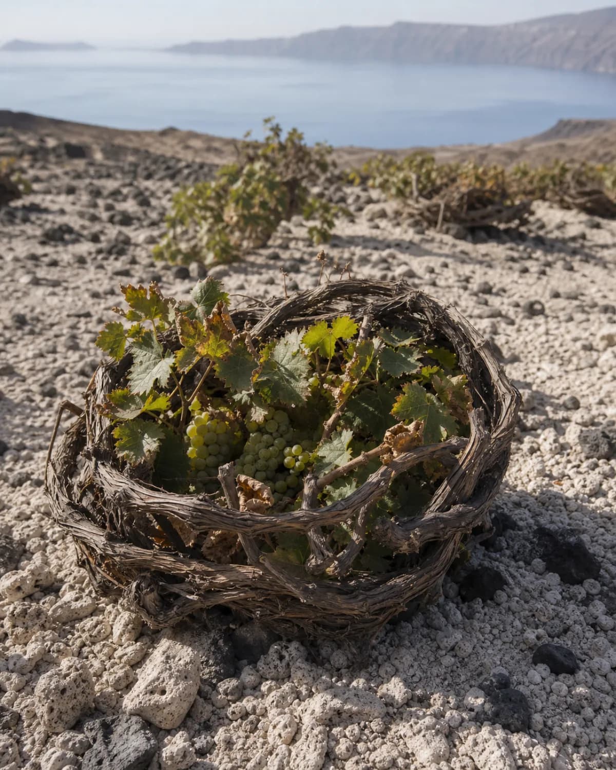 Illustrative basket-trained Assyrtiko vine on pale Santorini volcanic ground