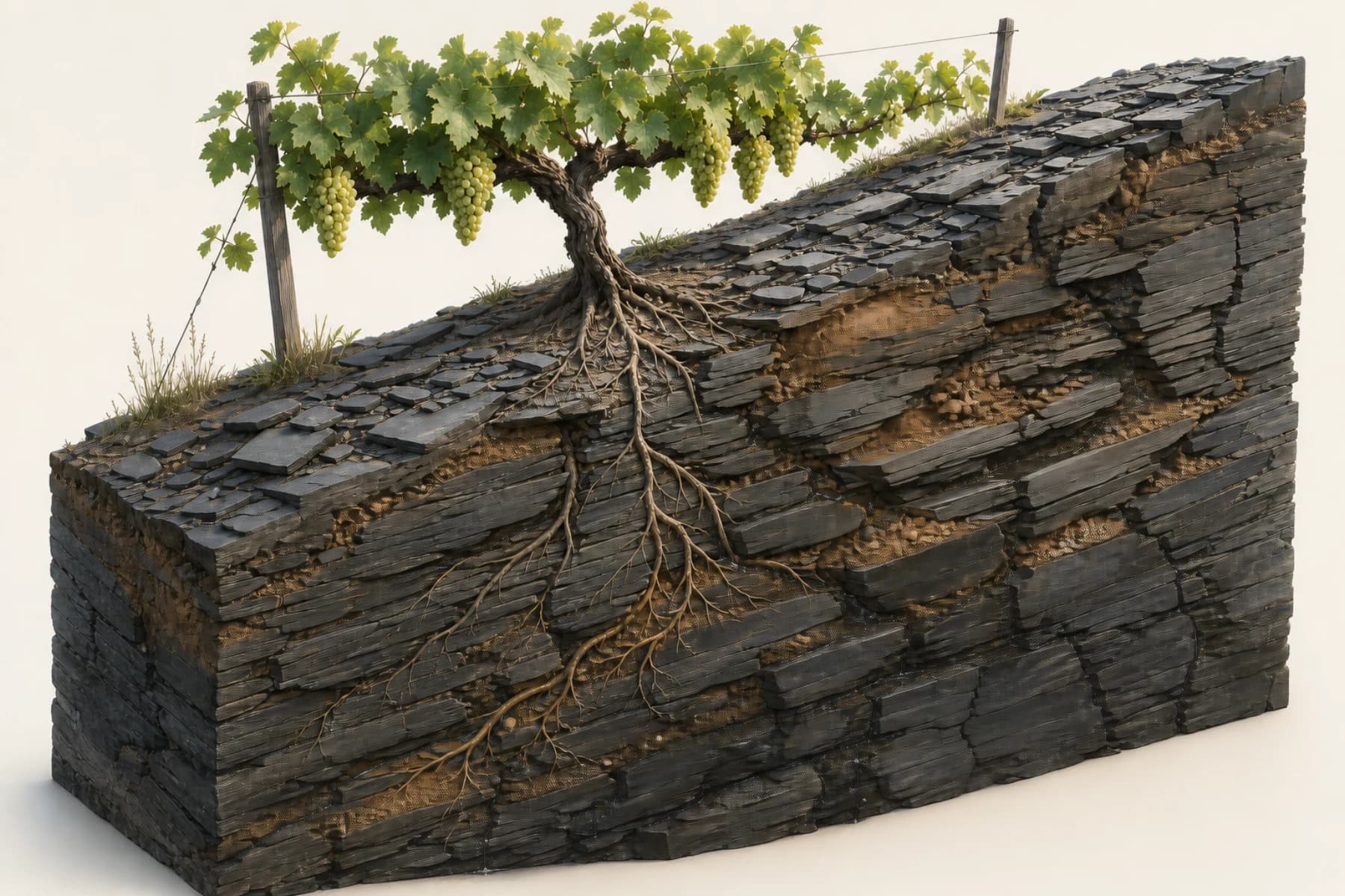 Three-dimensional cutaway showing a Riesling vine rooted through fractures and fine-earth pockets in layered slate